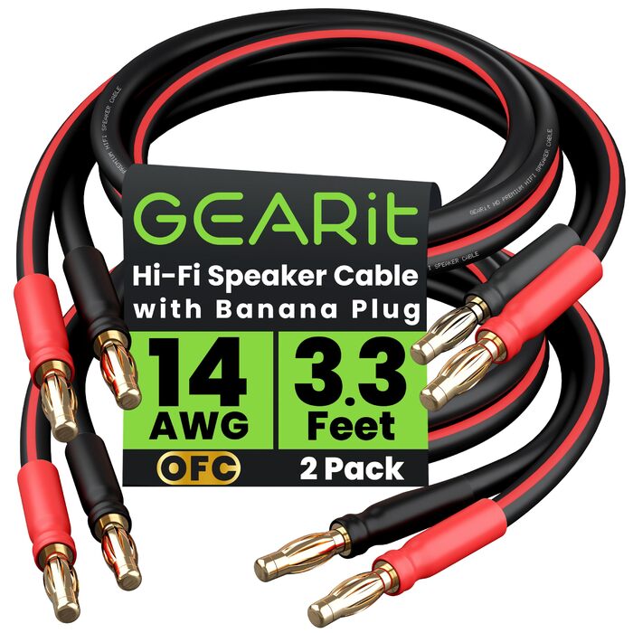 Акустичний кабель GEARit OFC 14 AWG HiFi для колонок, 2 шт. по 1м, 2x2.5 мм², з позолоченими роз'ємами «банан», чорний