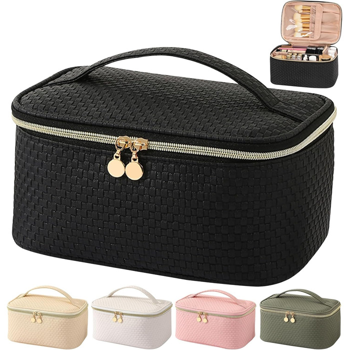Жіноча косметичка для подорожей, водонепроникна, з відділенням для пензликів, з PU шкіри, велика, органайзер, косметичка для макіяжу (Хвилястий зелений, Елегантний чорний)