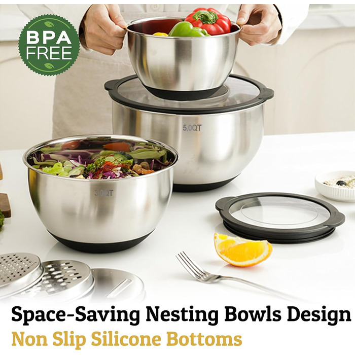 Набір мисок Deedro з прозорим кришками (5 шт.) – 4.7L/2.8L/1.9L/1.4L/0.63L | Миски для перемішування, салатники, набір мисок | Нековзні, складані, придатні для миття в посудомийній машині | Включено тертку (Чорний)