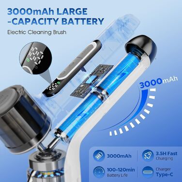 Електрична щітка для прибирання з акумулятором 3000mAh, 7 насадок, регульована ручка, IPX7 водонепроникність, 2 швидкості, для ванної кімнати та плитки, кремово-білий колір (Коричнева Хмара)