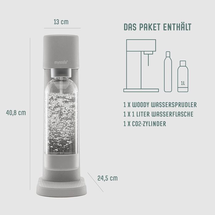 Mysoda Pack Woody: Газова машина для води з екологічного дерева, з пляшкою PET без BPA та CO2 балончиком (сірий)