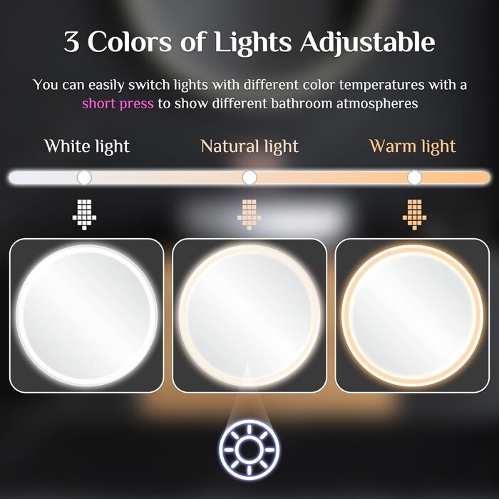 Круглий дзеркало для ванної кімнати Clevich з підсвічуванням, 80 см, сенсорне управління, протитуманне покриття, 3 кольори світла, регулювання яскравості