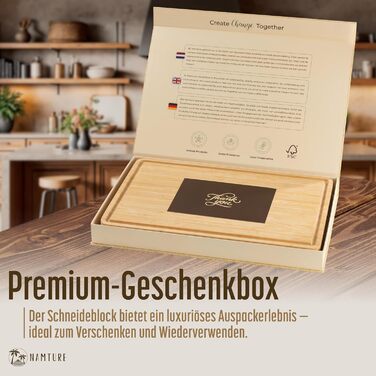 Дерев'яний обробний дощечок Stirnholz 45x30 см з бамбука, преміум-якість, з канавкою для соку, антиковзні ніжки, в подарунковій коробці