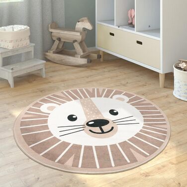 Дитячий килим Paco Home, круглий, 120 см, кремовий, ігровий, нековзкий, для дитячої кімнати, з місяцем, коалою та левом