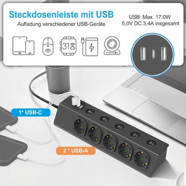 Багаторозкладна мережева розетка з USB, 5-портова, з індивідуальними вимикачами, для кухні, зі сталевою передньою панеллю, кабель 2м