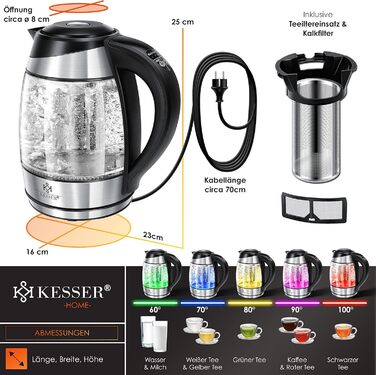 Електричний чайник KESSER 1,8 л із нержавіючої сталі та підсвіткою LED, зміна кольору залежно від температури (60–100°C), скляний корпус, з ситечком для чаю та фільтром від накипу, функція підтримки тепла