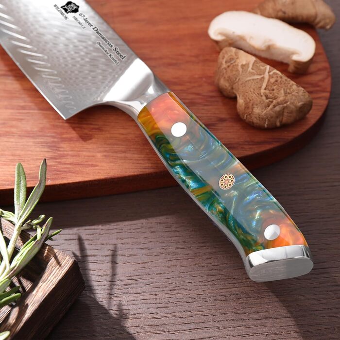 Японський кухонний ніж Santoku WILDMOK 17 см з дамаської сталі VG10, жовтий ергономічний руків'я для дому та ресторану