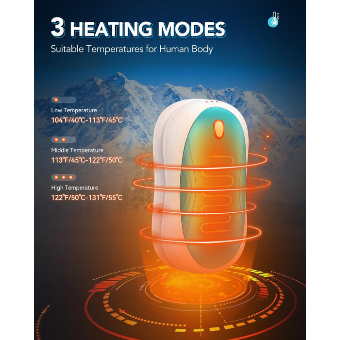Електричні грілки для рук Cnkeeo, 2 шт. з роздільним магнітним з'єднанням, Powerbank USB, 3 режими нагріву, для активного відпочинку, риболовлі, полювання, чорно-білі (блакитні)