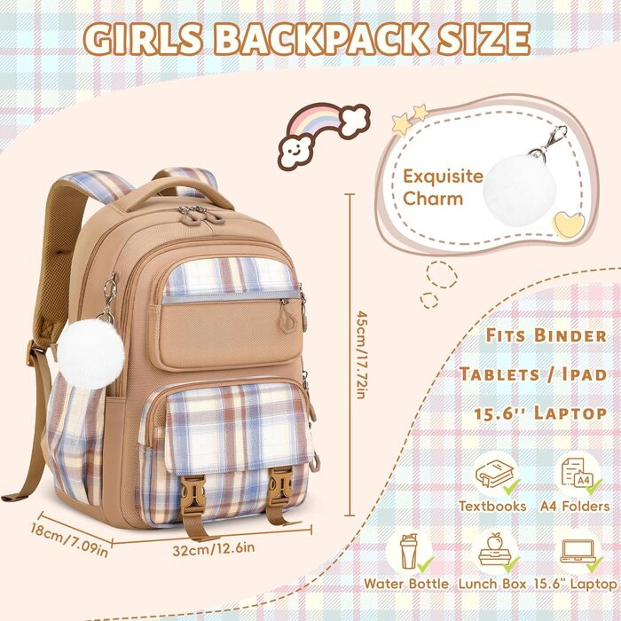 Шкільний рюкзак Tanou для дівчаток, ергономічний, великий, модний в клітинку, для підлітків, для подорожей (коричневий)