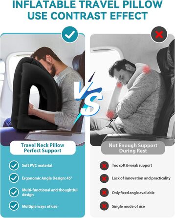 JefDiee Inflatable Neck Pillow Travel Airplane, Portable Travel Pillow, Neck Support Pillow Comfortably Supports Head and Chin, Pillow for Trains, Cars, Office, Home, with 3D Eye Mask, Earplugs (Black)
