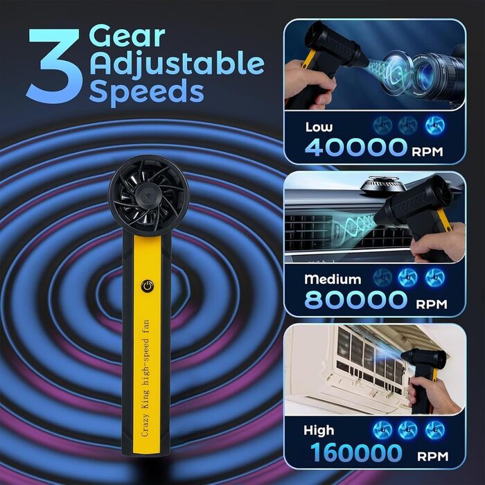 Електричний пилосос для повітряного видування, 3 швидкості, 160000 об/хв, для чищення ПК, електроніки, диванів, авто, офісної техніки (Чорний)