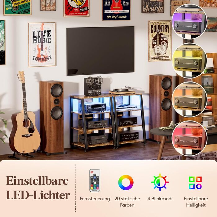 Lifewit Полиця HiFi для вінілу з колесами, регульованими полицями, розетками та LED-підсвіткою, чорно-коричнева, 60x55x90 см