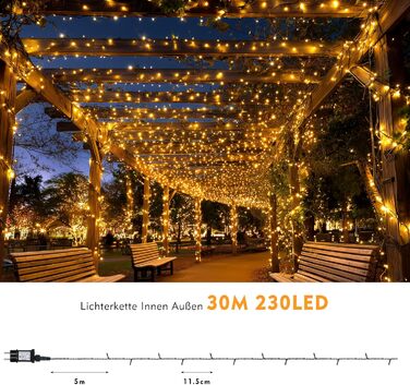 Гірлянда світлодіодна для дому та саду, 30 метрів, 230 LED, тепле біле світло, 8 режимів, таймер, IP44, для декору саду, балкону, вечірки, Різдва