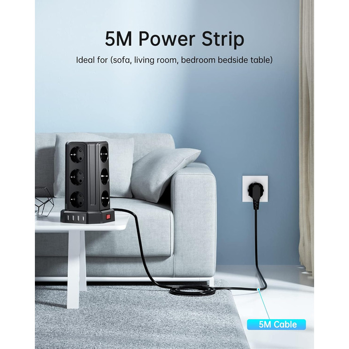 Смуга розподілу Sameriver на 12 розеток з кабелем 5м, 4 USB-порти, захист від перенапруги, чорний