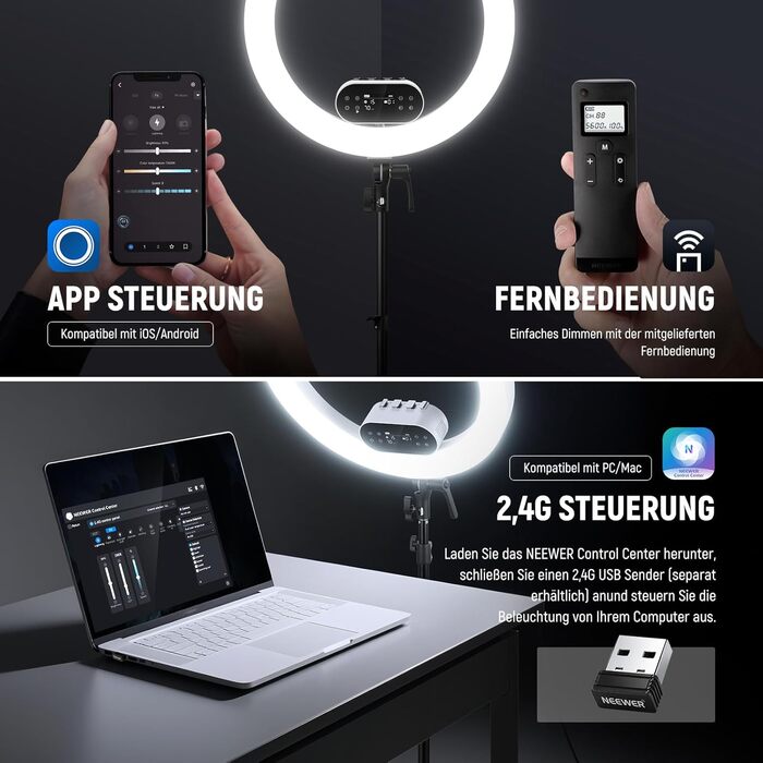 NEEWER Комплект кільцевого світла для фото та відео: 48 см, 52 Вт, регульоване LED, штатив, Bluetooth, для смартфона, YouTube, селфі (RH100B)