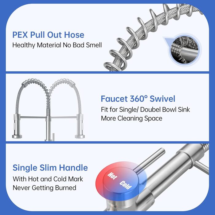 Кухонний змішувач Appaso з висувною лійкою, високотискний, 2 режими, 360° обертання, нержавіюча сталь, без свинцю та нікелю