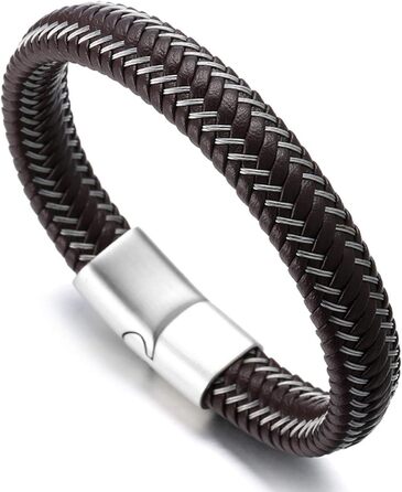 Чоловічий браслет Jazz Halukakah: шкіряний, ручної роботи, з магнітною застібкою, сталь, чорний та коричневий, регульований розмір 21.5-23 см, подарункова коробка