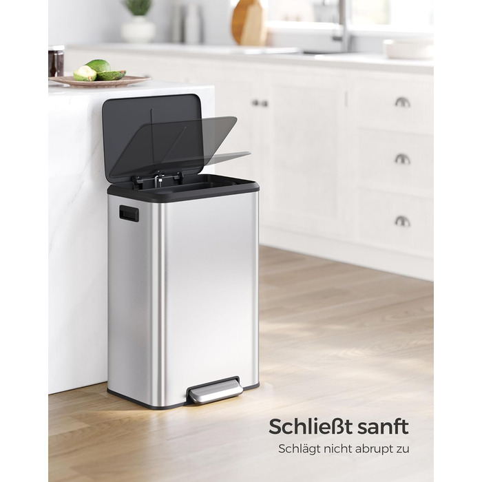 Відро для сміття SONGMICS 40 л з кришкою, педальним механізмом, Soft-Close, утримуванням кришки, срібне, LTB541E40