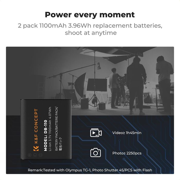 Акумулятор K&F CONCEPT DB-110 1100mAh 2 шт. з зарядним пристроєм Dual Slot, сумісний з Ricoh GR III, GR IIIx, Theta X, WG-6, G900 II, G900SE II, Olympus TG7/6/5/4