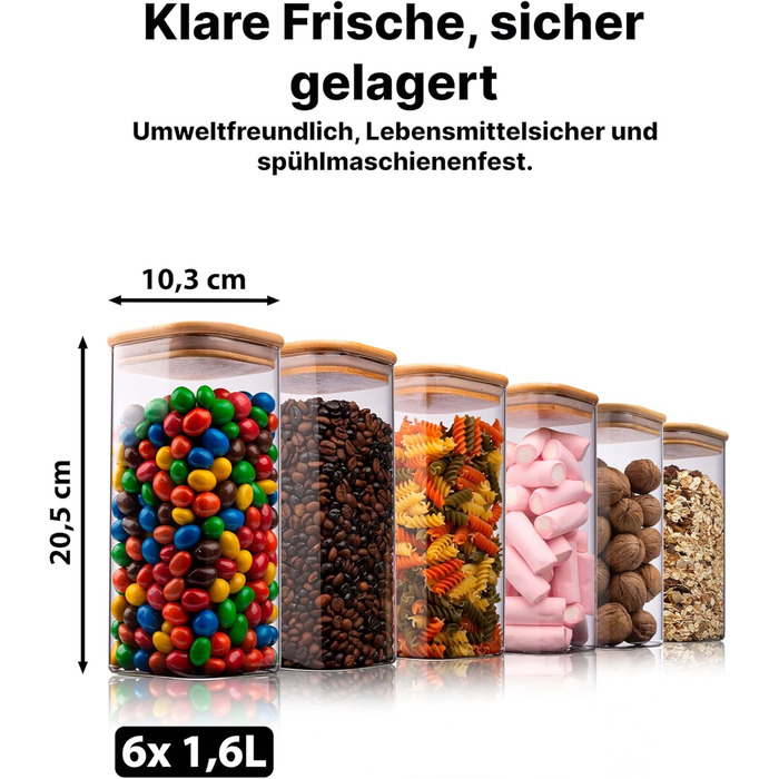 Скляні банки для зберігання Deco haus® з кришкою, набір 6 шт. [+ЕТИКЕТКИ] - 10x21 см