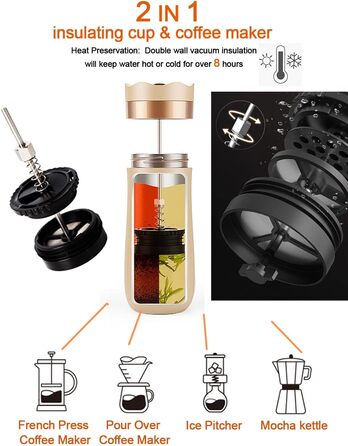 Френч-прес для кави: портативна кавоварка з тришаровим фільтром, чашка-термос з нержавіючої сталі, для приготування кави, чаю та води