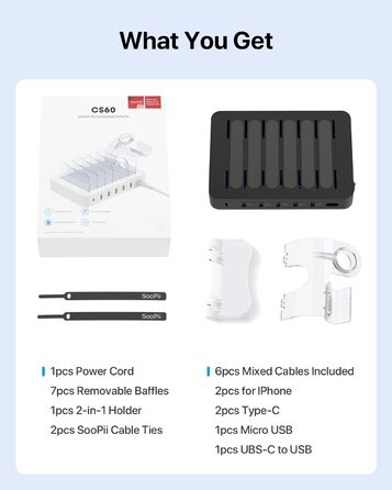 Зарядний хаб SooPii USB 60W/12A з 6 портами, органайзер для декількох пристроїв, з тримачем для Apple Watch, 6 кабелів у комплекті (Чорний)