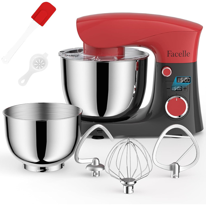 Кухонна машина-міксер Facelle 1500W з 5.5L та 4.5L чашами, 10+ програм, тиха робота, з набором насадок (червоно-сіра)