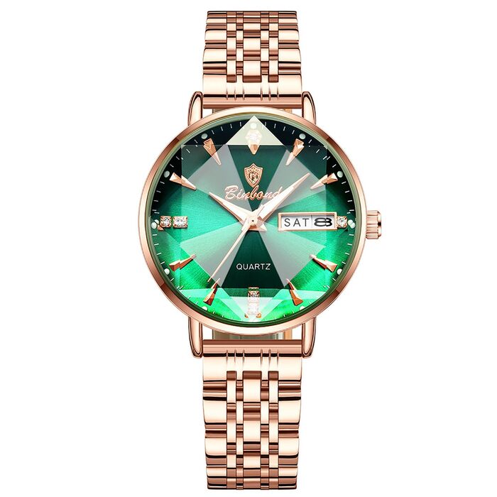 Жіночий наручний годинник JewelryWe Rosegold: кварцовий аналоговий годинник зі сталі, водонепроникний (30м), з календарем, підсвічуванням стрілок та граненим склом, колір Rosegold-Зелений