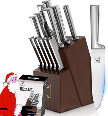 IMARKU 15-Piece Japanese Stainless Steel Knife Set with Block - Professional Kitchen Knife Set with Sharpener & Cleaning Block