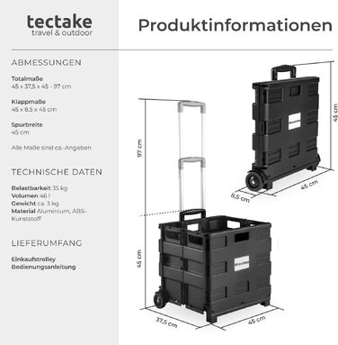 Складаний візок для покупок Tectake Shopping Trolley, сумка-шопер на колесах для продуктів та кемпінгу, чорний (45,75 л)