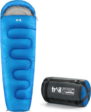 Спальний мішок для дорослих Trail 3 сезони – для кемпінгу та відпочинку на природі (300 GSM, блакитний)