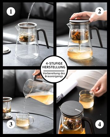 Чайник ZENS Magic з боросилікатного скла з ситом, 1000 мл, з магнітним кришкою та ручкою з чорного горіха