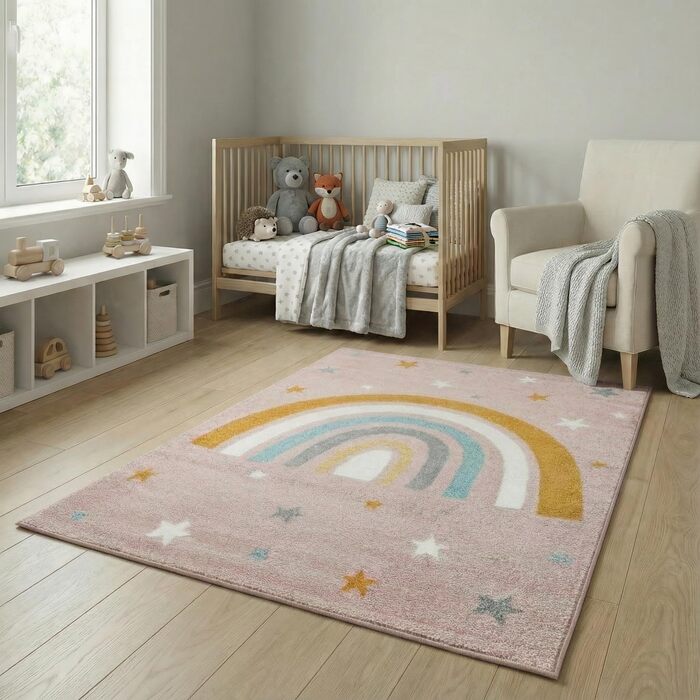Дитячий килим Kinderteppich DOTS бежево-рожевий 80x150 см, Öko-Tex, для дівчаток в кімнату