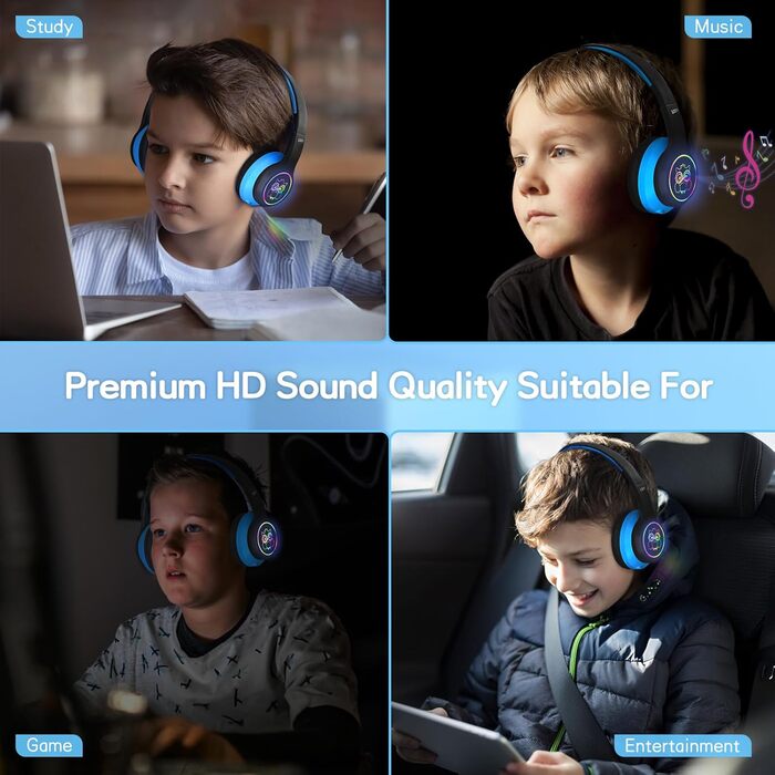 Дитячі навушники LOBKIN Bluetooth Over-Ear з сумкою, бездротові та провідні, для дівчаток, складні, регульовані, для школи та подорожей (Чорний/Синій)