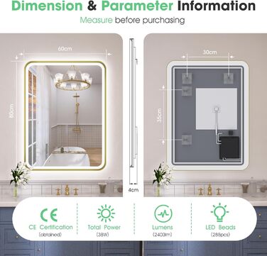 Дзеркало для ванної кімнати S'bagno з підсвічуванням 100x70 см, алюмінієва рама, антизапарник, 3000-6500K, пам'ять, IP44, горизонтальне/вертикальне, чорне