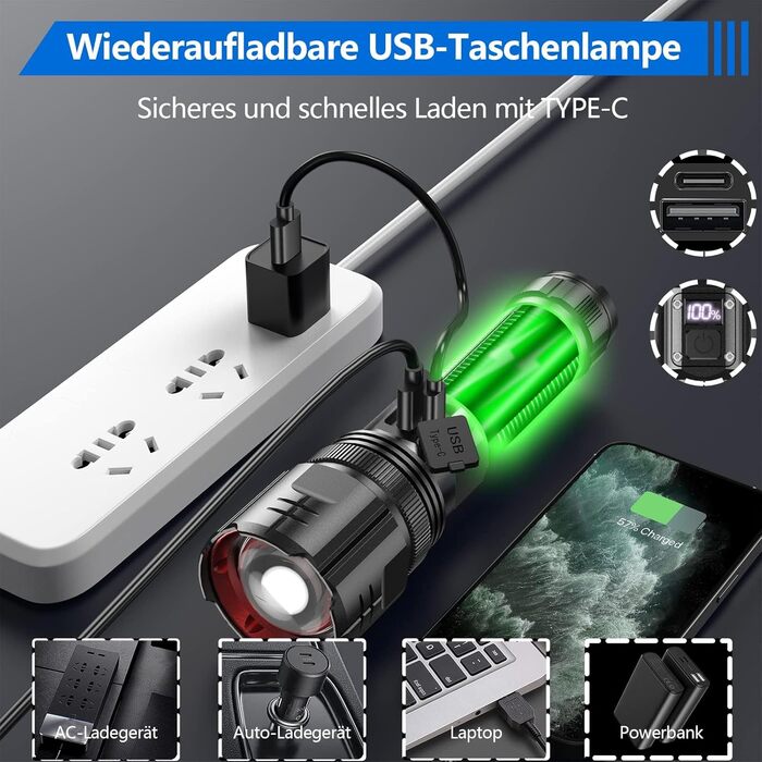 Ліхтарик daphomeu LED акумуляторний, 500000 люмен, надяскравий, тактичний, зум, водонепроникний, 5 режимів, для кемпінгу, туризму та екстрених ситуацій