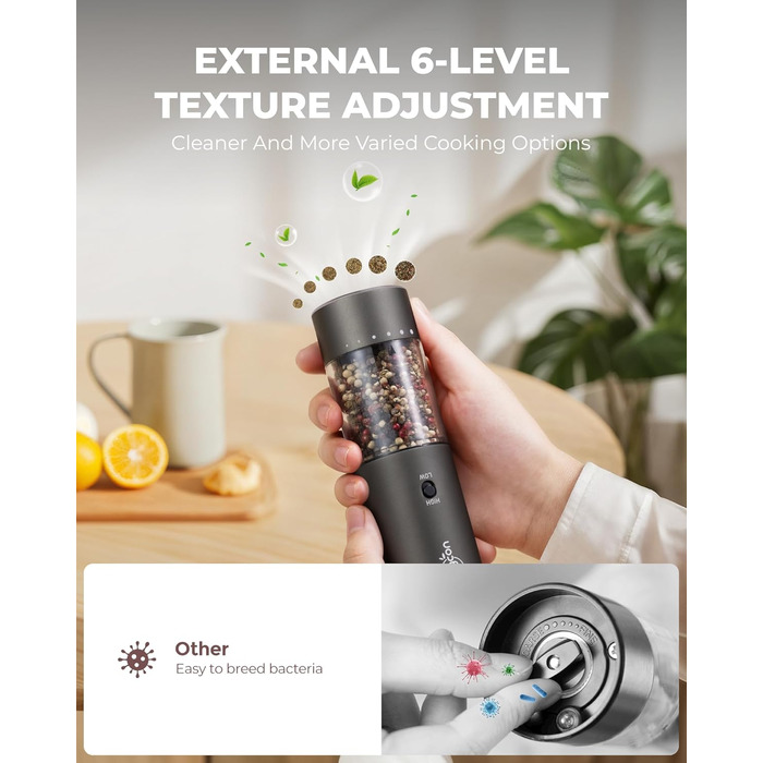 Sangcon Electric Salt and Pepper Grinder, 2 Speed Settings, 6 Grind Settings, Automatic Pepper Grinder with USB Charging Station, One-Handed Grinding (Space Grey)