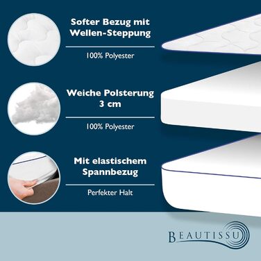 Beautissu Mattress Topper 100x200 cm with Integrated Fitted Sheet - Topper 100x200 cm for Box Springs & Mattresses up to 40 cm Height - 3 cm Mattress Pad, Non-Slip Mattress Protector - BeauNuit MT Base