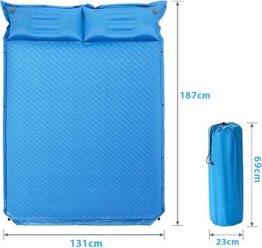 Каремат туристичний самонадувний GYMAX для кемпінгу, на 2 особи з подушками та сумкою, 187 x 131 см, блакитний