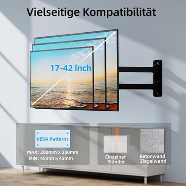 Кріплення для телевізора HOME VISION HV3202 з подовженим підлокотником, 17-42 дюйми, VESA 200x200, до 15 кг, 360° обертання, 180° нахил, висувний на 55,6 см, для плоских та вигнутих екранів
