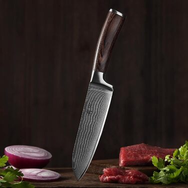 Ніж Santoku Wakoli EDIB Damast I 17 см, лезо з 67 шарів з VG10-сталі, з ручкою з паккавуду. Професійний кухонний ніж з дамаської сталі в подарунковій коробці, без гравіювання.