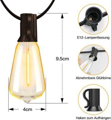 Ланцюжок вогнів Ollny для вулиці 5м, 13+1 ST38, LED, для саду, кемпінгу, вечірок