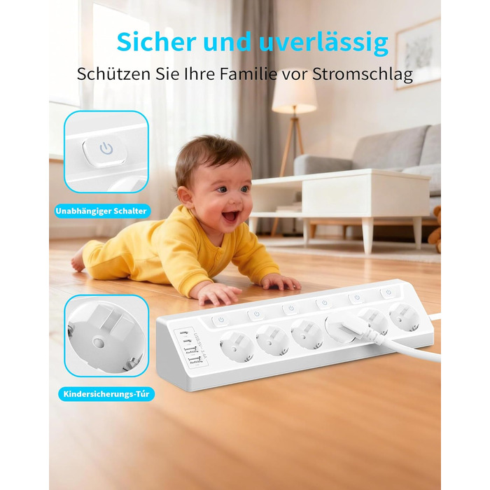Розподільник розеток з захистом від перенапруги, 6 розеток, USB-C, 2м кабель, 4000W, 16A, для кухні, дому, офісу (білий)