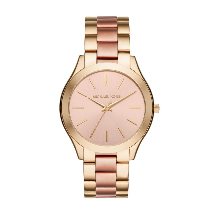 Жіночий годинник Michael Kors Slim Runway 42мм, кварцовий механізм, сталевий браслет (золотистий та світло-рожевий)
