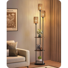 Стельова лампа для вітальні з полицею, 3-лампова торшер з етажеркою у стилі вінтаж, бохо торшер з дерева з вимикачем на ніжці, патрон E27, ретро-дизайн у кольорах коричневого та бежевого, ZEF53LDD05 (Ротанг, Чорний)