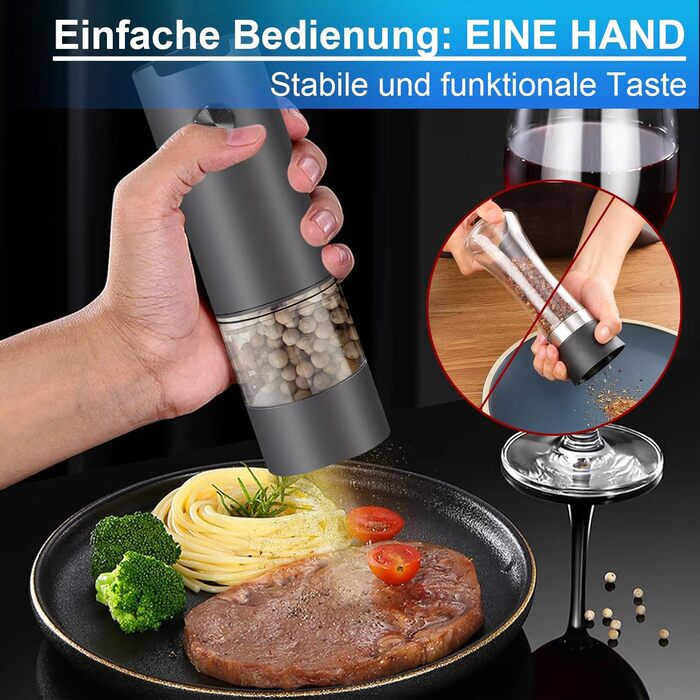 Електричні мельниці для солі та перцю 2 шт. з LED-підсвічуванням, регульована ступінь помелу, чорний колір