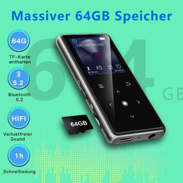 MP3-плеєр AiMoonsa 64GB з Bluetooth 5.2, FM-радіо, HiFi-звук, E-Book, вбудований HD-динамік та функцією запису голосу, чорний