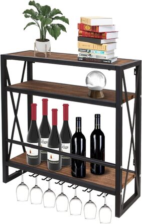 Wall-Mounted Wine Rack with Glass Holder, Wood and Metal Bottle Shelf with 3 Levels for 12 Bottles, Wine Stand with Cup Shelf, Suitable for Kitchen, Maximum Load Capacity 50 kg, 60*20*62 cm