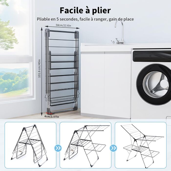 Сушарка для білизни Innotic - розкладна, портативна, з 4 крилами, регульована по висоті (сірий)