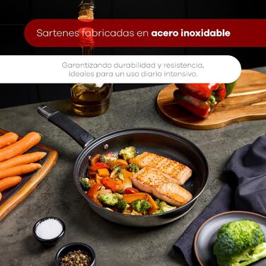 Набір сковорідок Bergner Baster з нержавіючої сталі (6 шт.) 20, 24, 28 см з подовженими ручками, захисні кришки, силіконові ручки, антипригарне покриття, індукційне дно 20, 24, 28 см